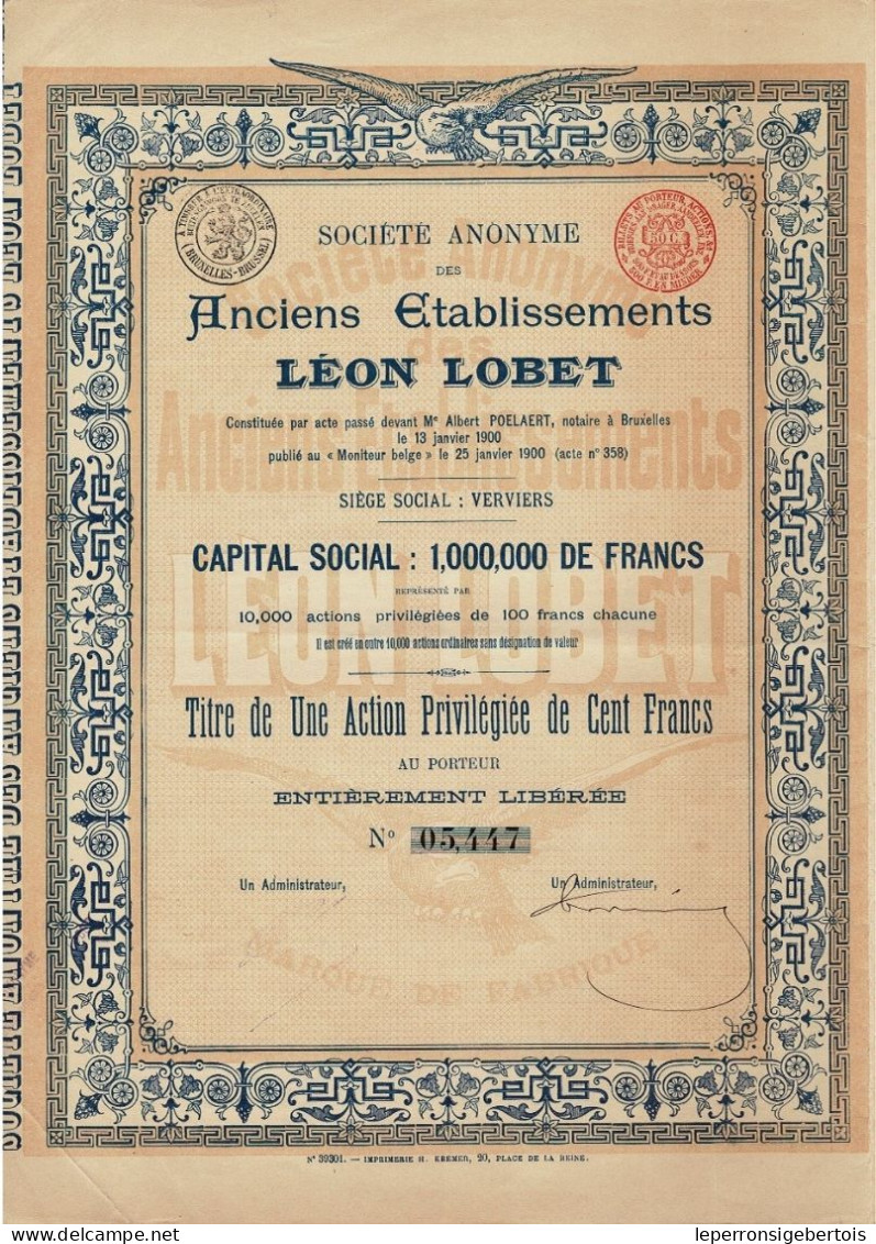 Titre De 1900 - Sté Anonyme Des Anciens Etablissements Léon Lobet - - Industrie