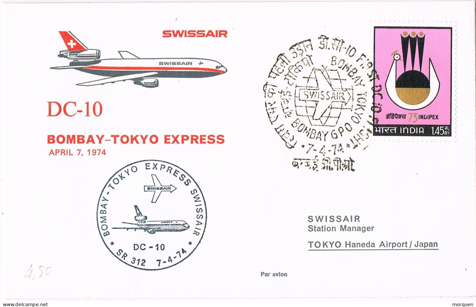 51420. Carta BOMBAY (India) 1974. Vuelo Swissair  BOMBAY - TOKYO, Avion DC-10 - Luchtpost