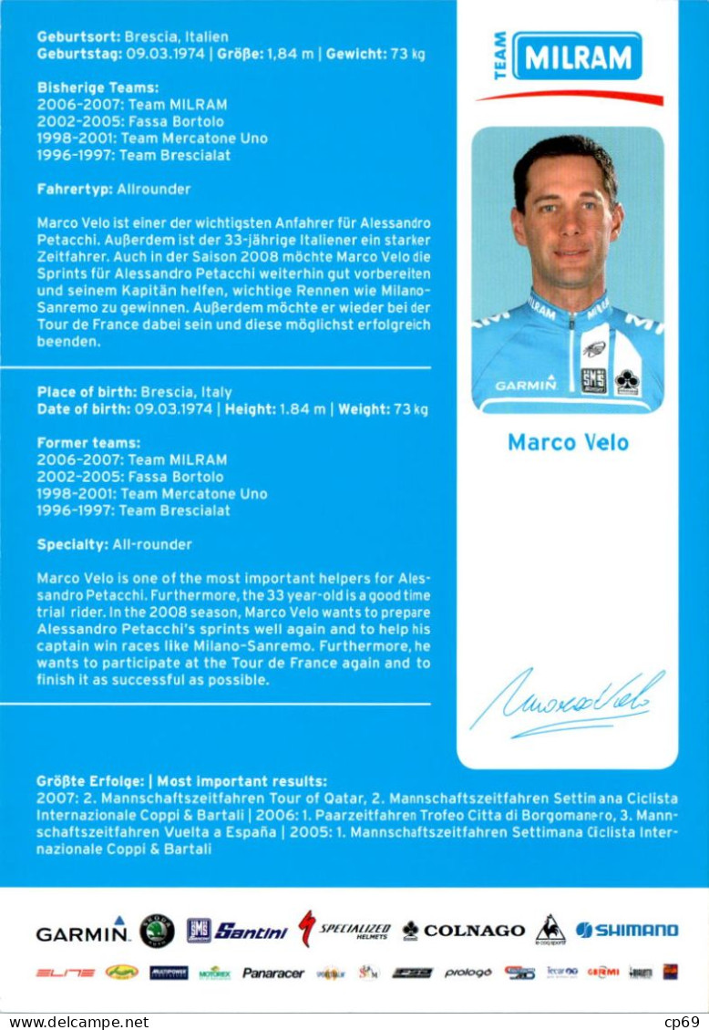 Carte Cyclisme Cycling Ciclismo サイクリング Format Cpm Equipe Cyclisme Pro Team Milram Marco Velo Italie Superbe.Etat - Wielrennen