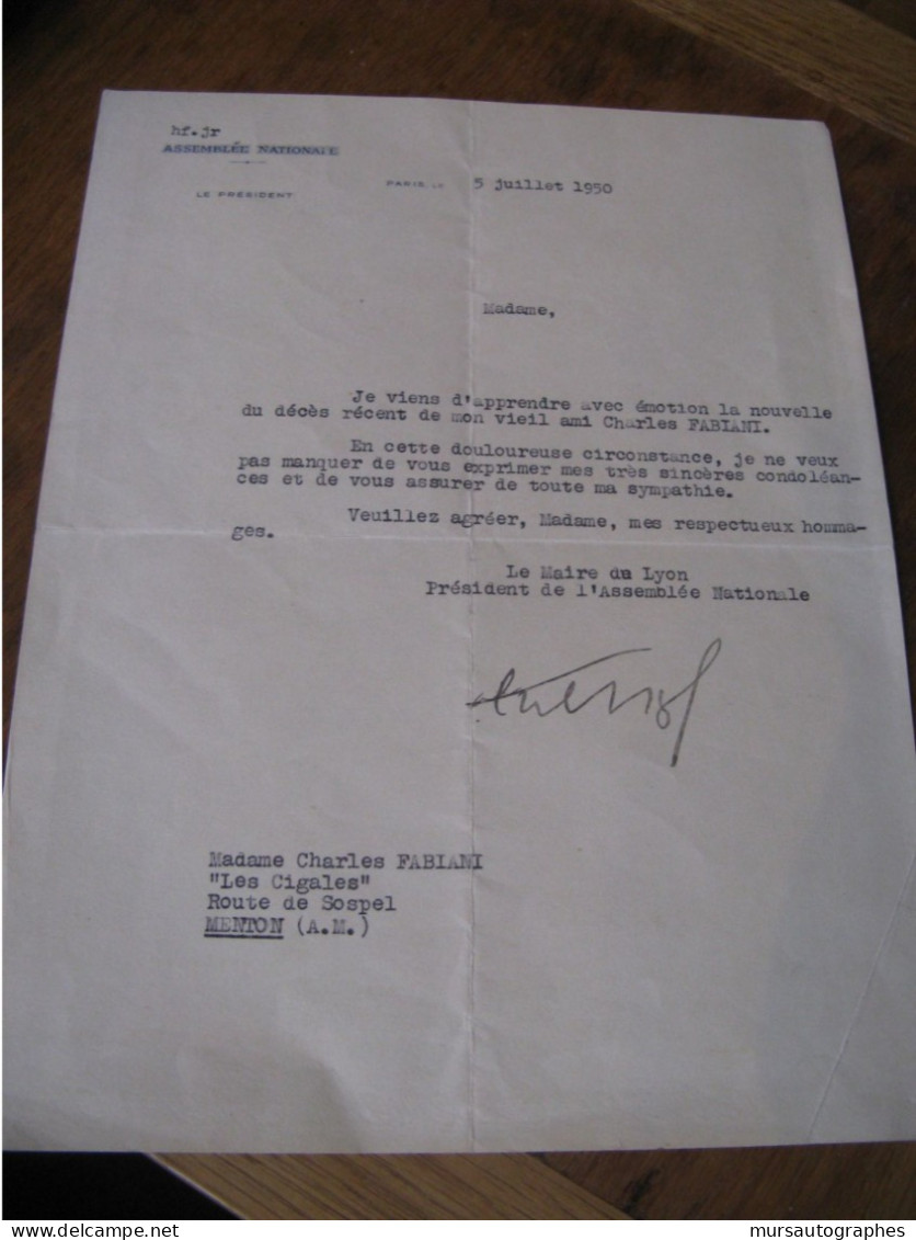 EDOUARD HERRIOT Autographe Signé 1950 PRESIDENT ASSEMBLEE MAIRE LYON ACADEMIE - Historical Figures