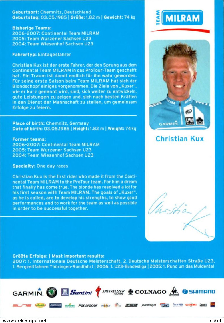 Carte Cyclisme Cycling Ciclismo サイクリング Format Cpm Equipe Cyclisme Pro Team Milram Christian Kux Allemagne Superbe.Etat - Cycling