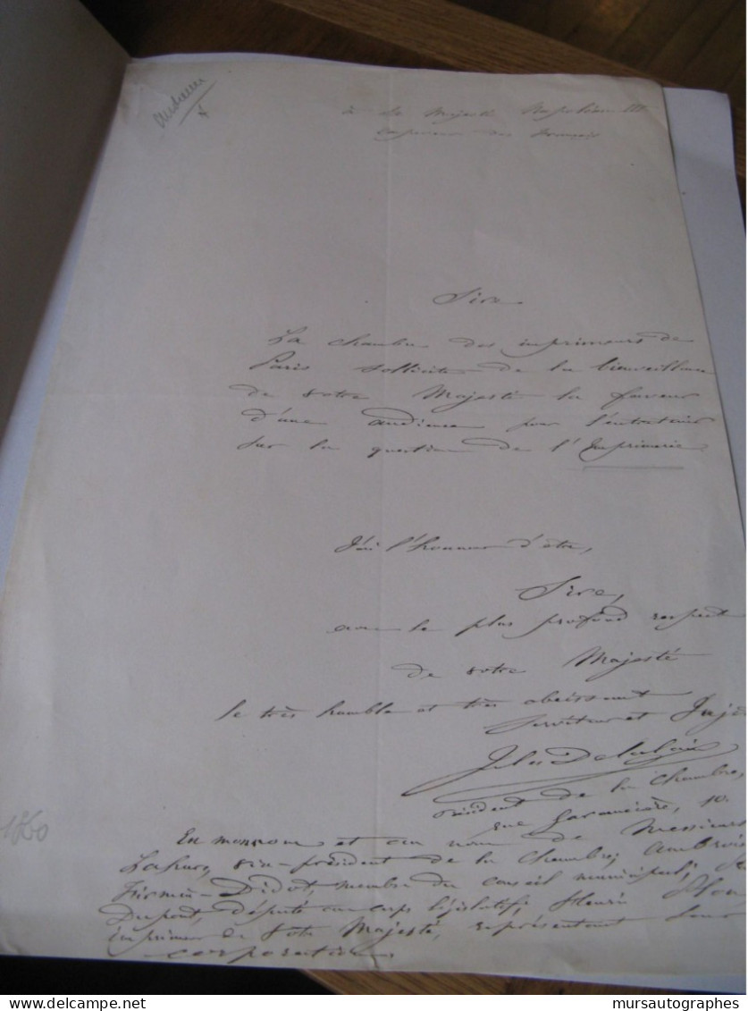 JULES DELALAIN Autographe Signé 1860 IMPRIMEUR EDITEUR AUDIENCE à NAPOLEON III - Personnages Historiques
