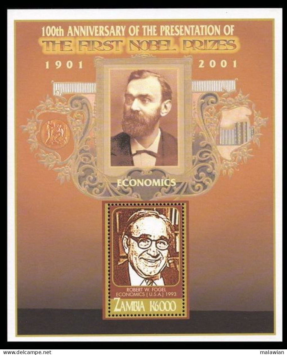 Zambia, 2002 (#1371d), 100th Anniversary Of Nobel Prize, Fogel USA In Economics - Souvenir Sheet - Prix Nobel