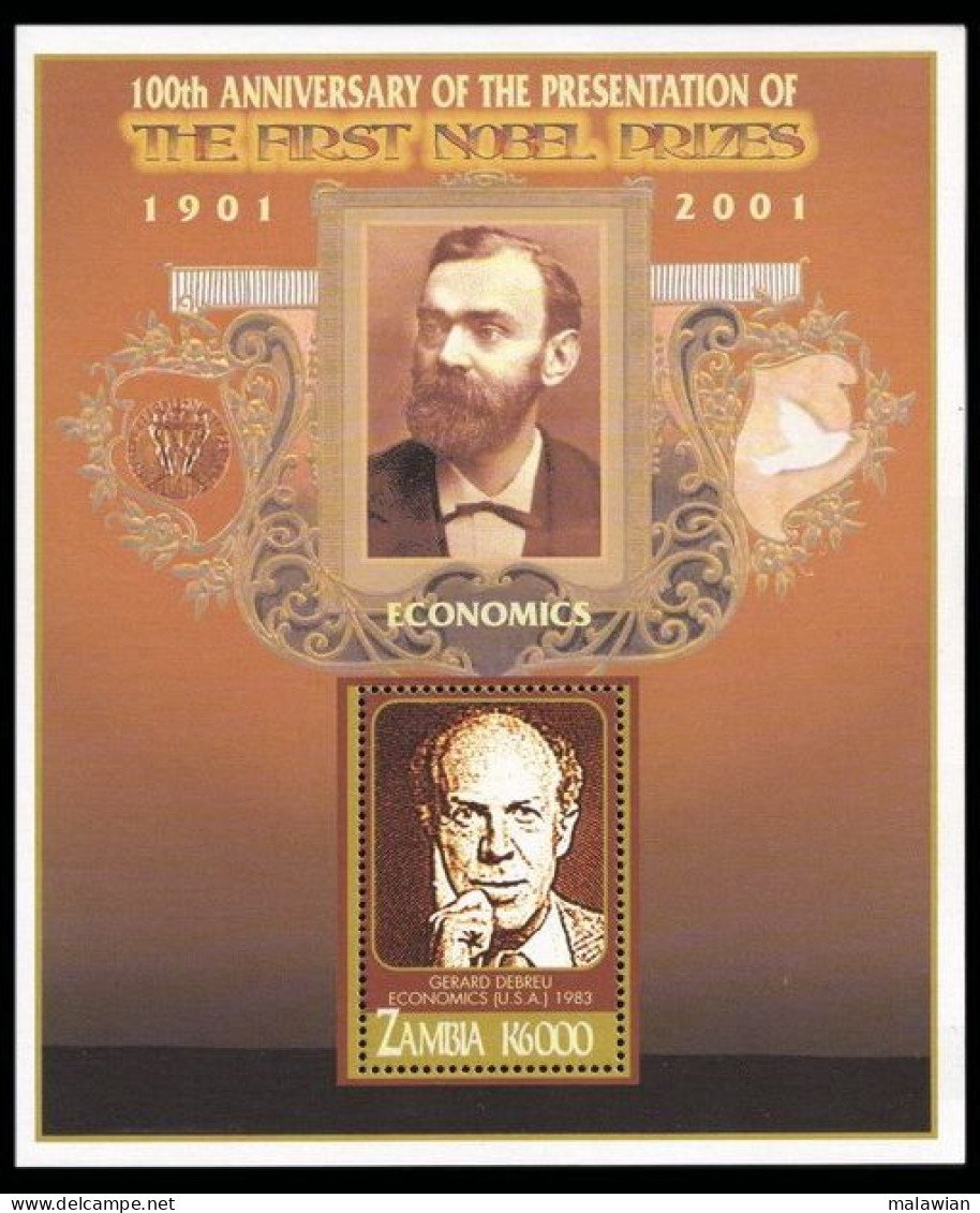 Zambia, 2002 (#1369b), 100th Anniversary Of Nobel Prize, Debreu USA In Economics - Souvenir Sheet - Prix Nobel