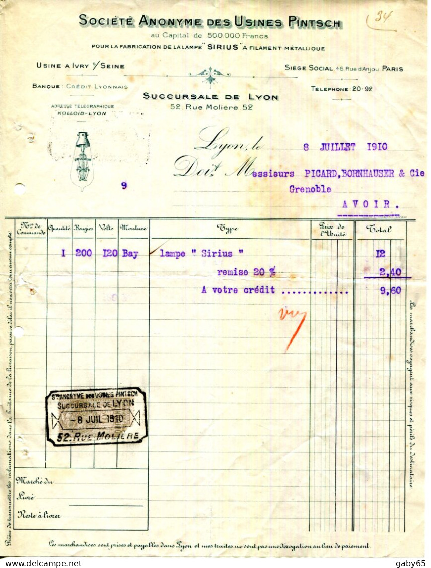 FACTURE.94.IVRY SUR SEINE.SOCIETE DES USINES PINTSCH POUR LA FABRICATION DES LAMPES " SIRIUS " - Elettricità & Gas