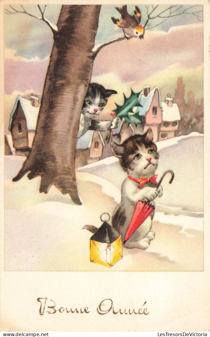 Fantaisies - Animaux Habillés - Petits Chats Dans La Neige Avec Noeud Papillon - Bonne Année - Carte Postale Ancienne - Dressed Animals