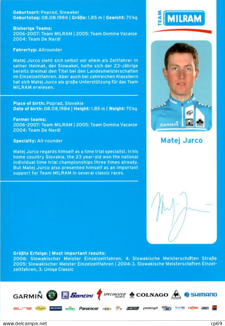 Carte Cyclisme Cycling Ciclismo サイクリング Format Cpm Equipe Cyclisme Pro Team Milram Matej Jurčo Slovaquie Superbe.Etat - Cycling