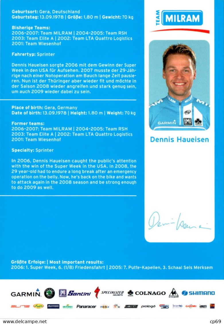Carte Cyclisme Cycling Ciclismo サイクリング Format Cpm Equipe Cyclisme Pro Team Milram Dennis Haueisen Allemagne Superbe.Etat - Ciclismo