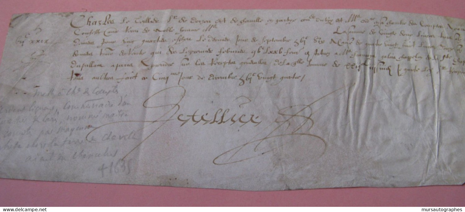 CHARLES LE TELLIER Autographe Signé 1624 LIGUEUR COMMISSAIRE PARIS MAITRE COMPTES - Personnages Historiques