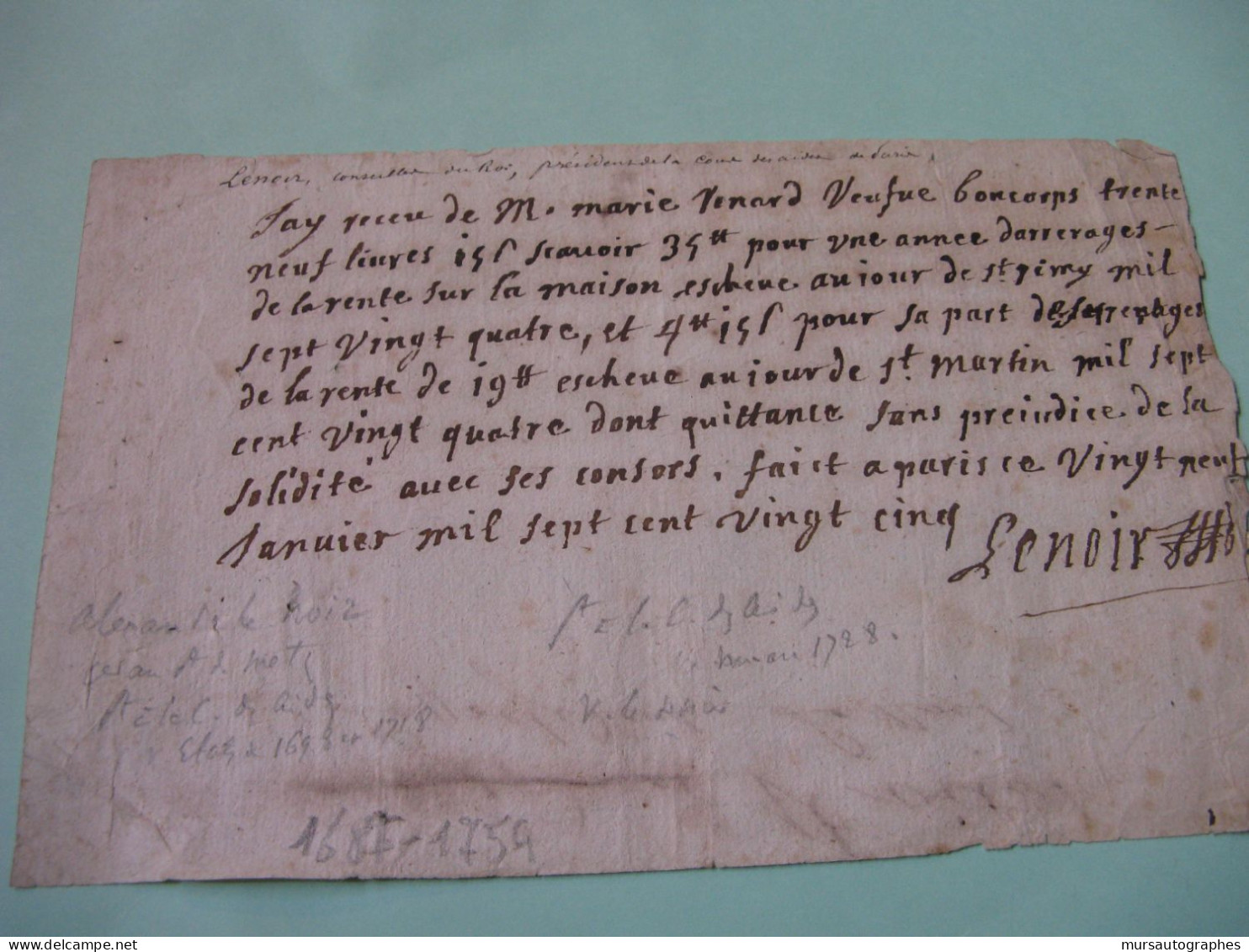 JOSEPH LENOIR Autographe Signé 1725 LIEUTENANT CIVIL CHATELET COMPTES PARIS - Historical Figures