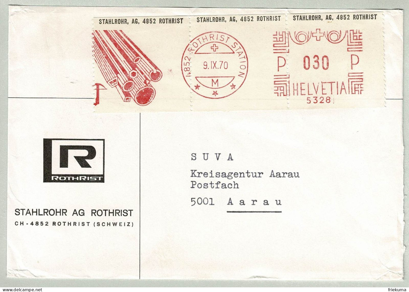 Schweiz / Helvetia 1970, Brief Etiketten Freistempel / EMA / Stahlrohr AG Rothrist - Aarau, Tubes En Acier / Steel Pipes - Usines & Industries