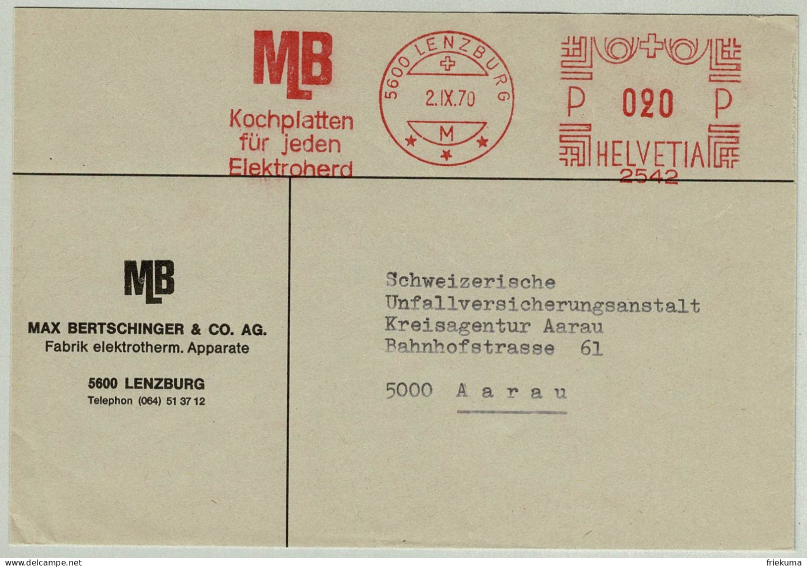Schweiz / Helvetia 1970, Brief Freistempel / EMA / Bertschinger Lenzburg - Aarau, Elektroherd, Haushaltgeräte - Usines & Industries