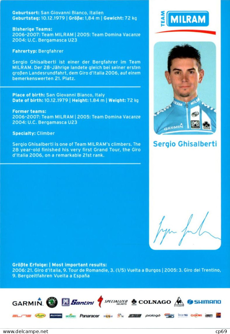 Carte Cyclisme Cycling Ciclismo サイクリング Format Cpm Equipe Cyclisme Pro Team Milram Sergio Ghisalberti Italie Superbe.Etat - Radsport