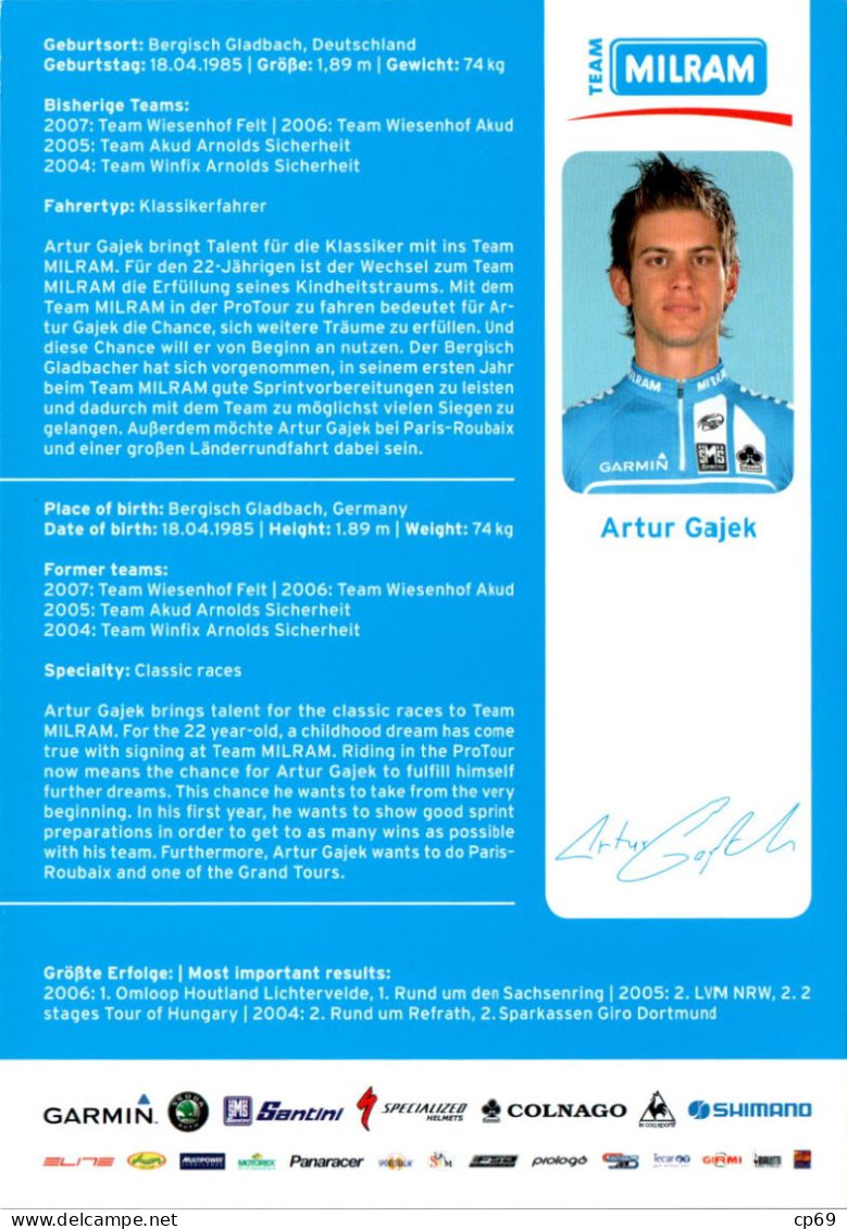 Carte Cyclisme Cycling Ciclismo サイクリング Format Cpm Equipe Cyclisme Pro Team Milram Artur Gajek Allemagne Superbe.Etat - Cycling