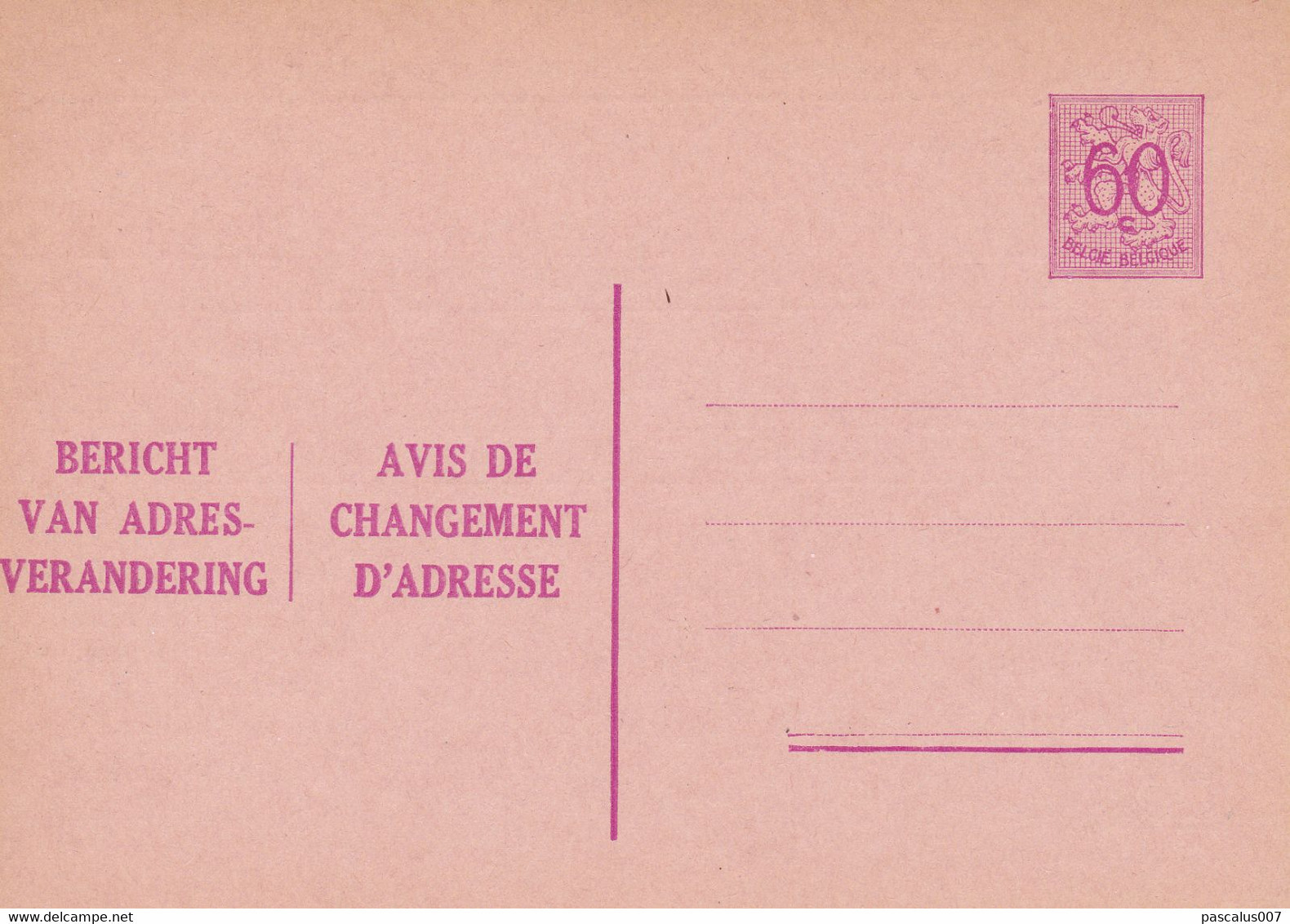 B01-325 Entier Postal Carte Postale Avis De Changement D'adresse N° 013 II NF - Chiffre Sur Lion Héraldique 0,60 C Lilas - Avis Changement Adresse