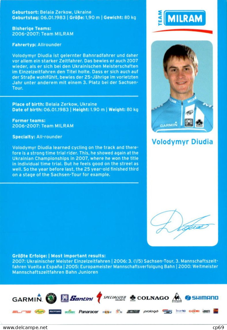 Carte Cyclisme Cycling Ciclismo サイクリング Format Cpm Equipe Cyclisme Pro Team Milram Volodymyr Diudia Ukraine TB.Etat - Cycling