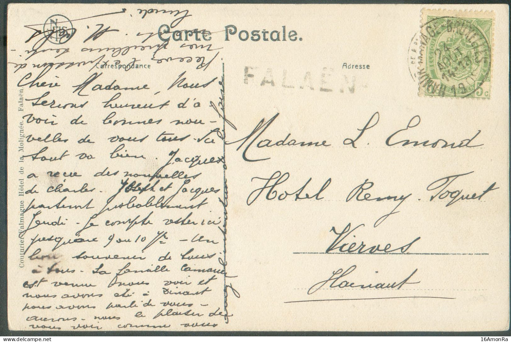 5c. Armoirie Obl. Sc Ambulant NAMUR-MANAGE-BRUXELLES Sur C.P. Du 24 Août 1908 + Griffe De FALAEN Vers Vierves - 21494 - Langstempel