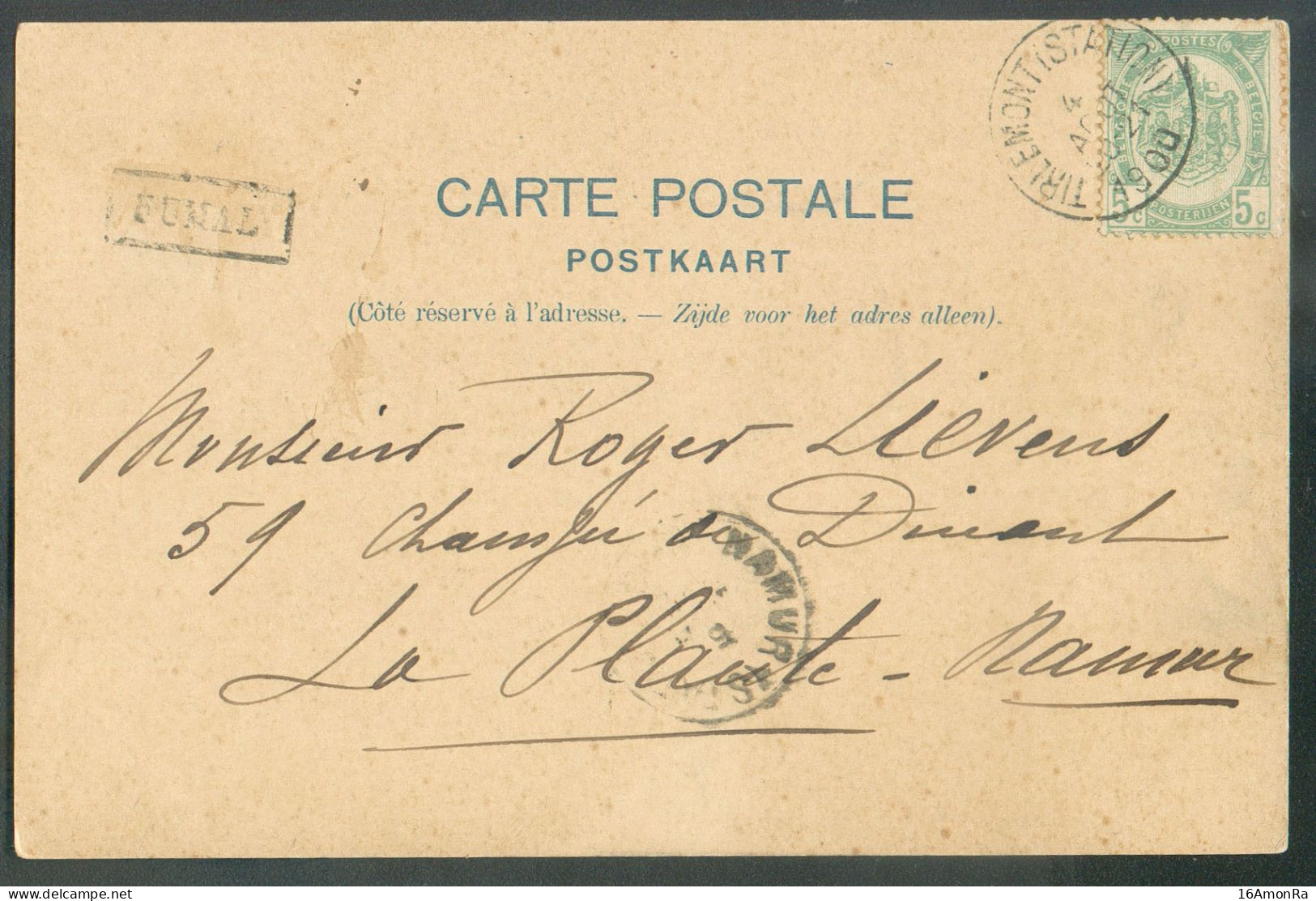 5c. Armoirie Obl. Sc TIRLEMONT (STATION)  Sur C.P. Du 4 Août 1908 + Griffe De FUMAL Vers La Plante (NAMUR) - 21495 - Linear Postmarks