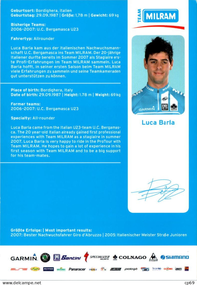 Carte Cyclisme Cycling Ciclismo サイクリング Format Cpm Equipe Cyclisme Pro Team Milram Luca Barla Italie En Superbe.Etat - Cycling