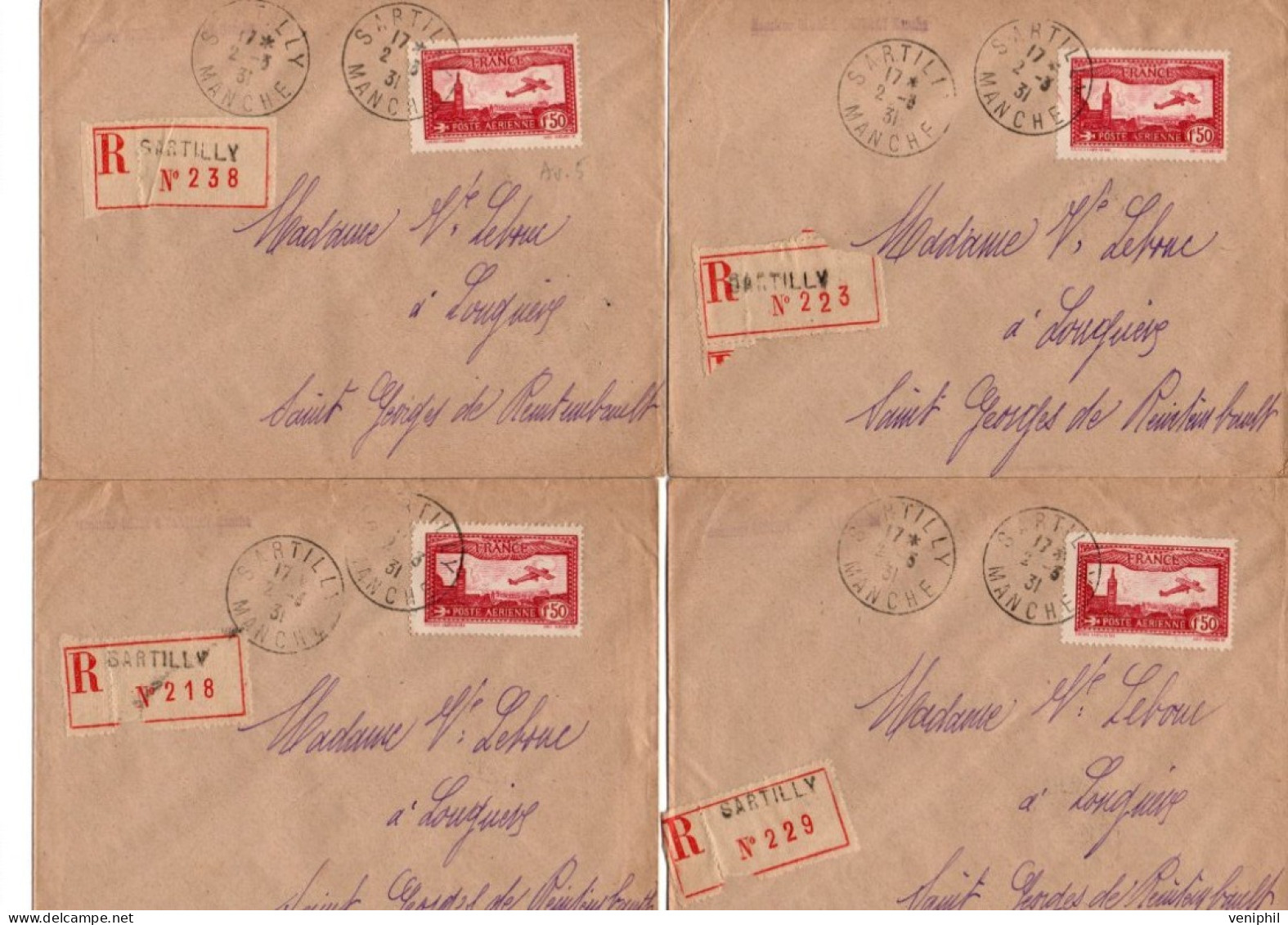 LOT DE 4 LETTRES RECOMMANDEES -AFFRANCHIES POSTE AERIENNE N°5 - OBLITEREES CAD SARTILLY MANCHE -ANNEE 1931 - 1927-1959 Used