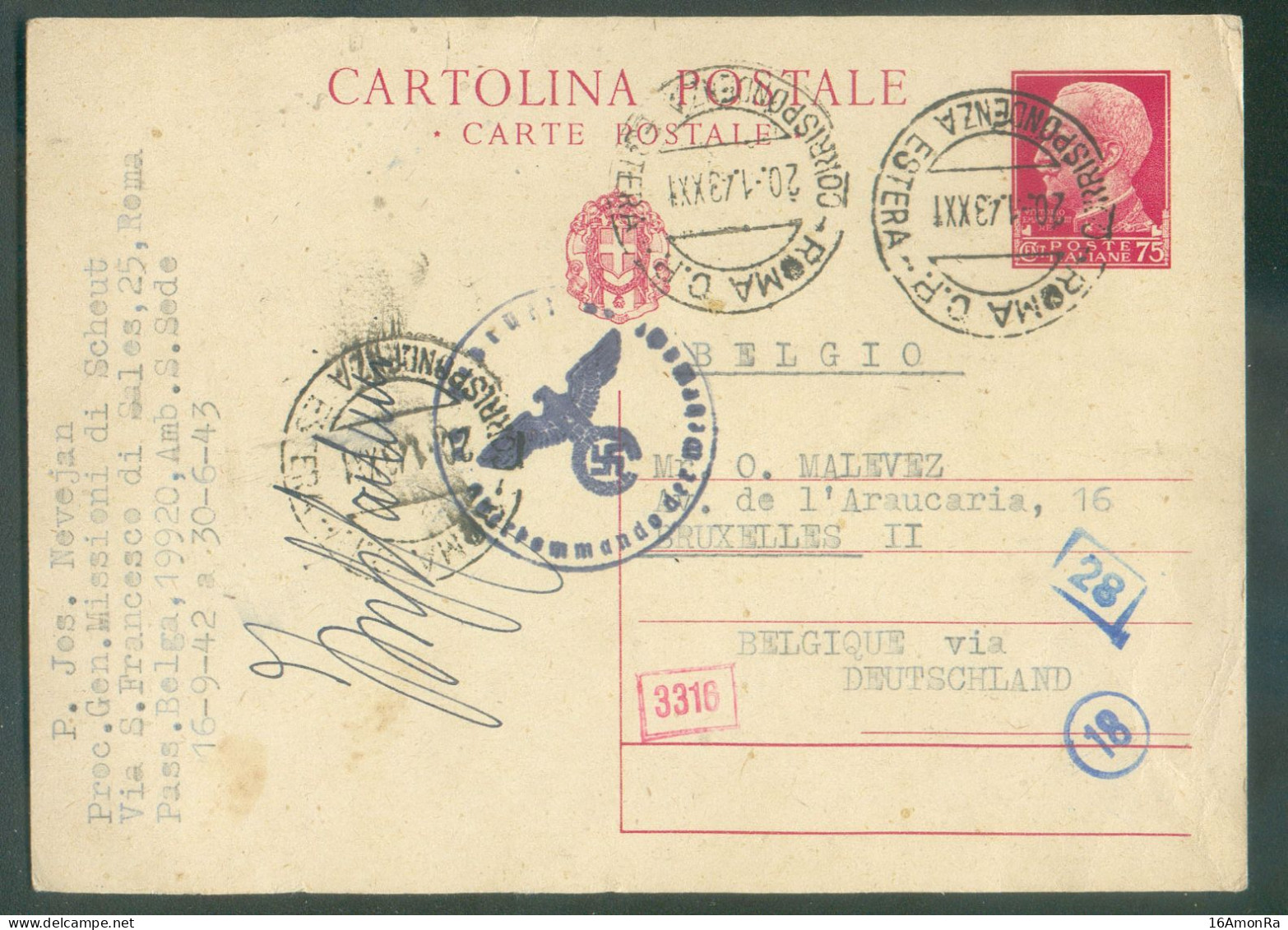 E.P. Carte 75c. Obl. Dc CORRISPONDENZA ESTERA ROMA Du 20.1.43 Vers La Belgique Via L'Allemagne + Censure Allemande.- 214 - Altri & Non Classificati