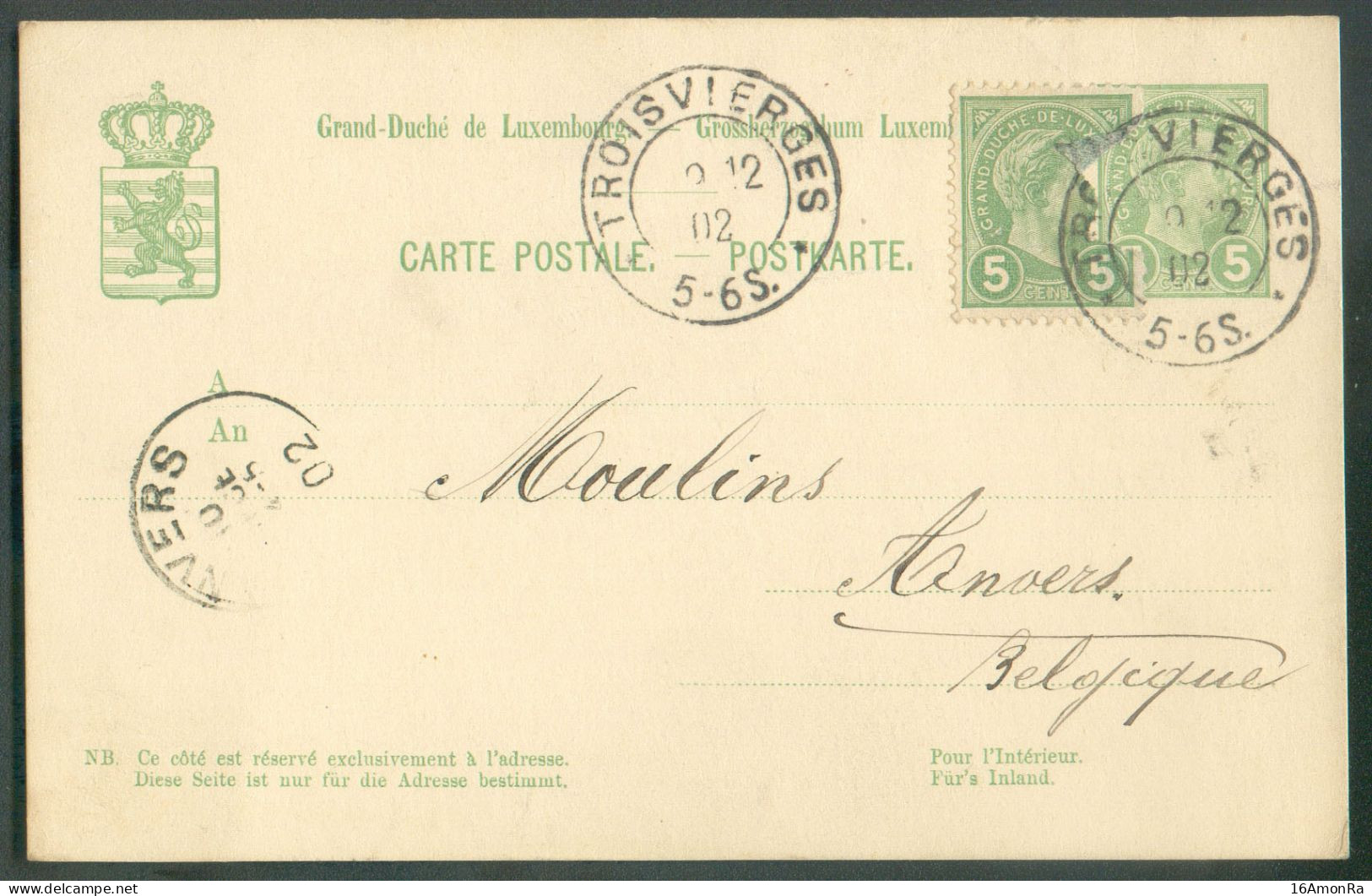 E.P. Carte 5c. + Tp5c. Obl. Dc TROISVIERGES Du 9.12.1902 Vers Anvers.- 21499 - Stamped Stationery