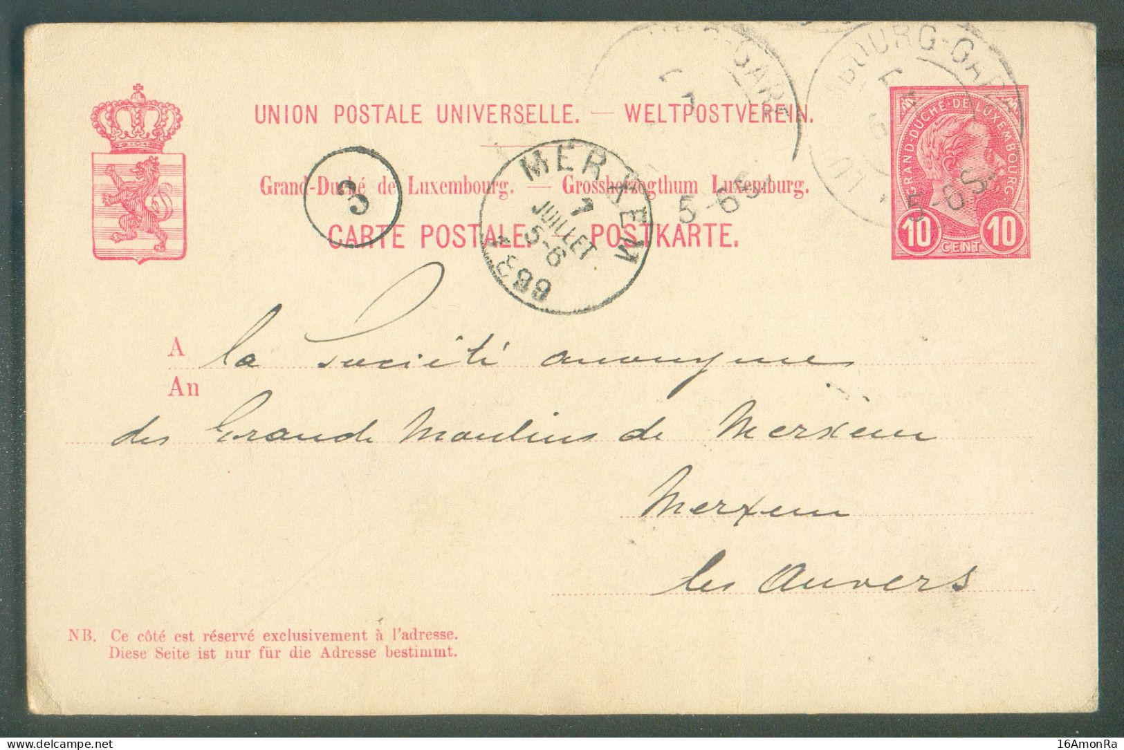 E.P. Carte 10c. Obl. Dc LUXEMBOURG GARE du 6.7.1899 Vers Merxem.- 21500 - Stamped Stationery