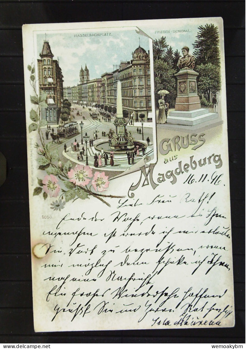 DR: Ak "Gruss Aus Magdeburg" Mit Hasselbachplatz Und Friesen-Denkmal Vom 16.11.1896 Mit 5 Pf. Wertziffer Knr: 46 - Souvenir De...