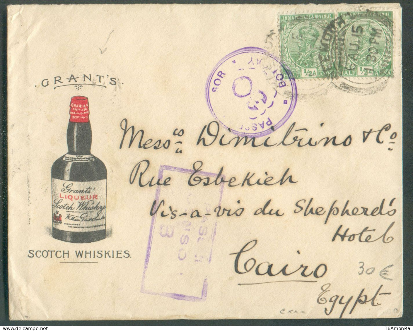 ½a (x2) Obl. Dc NEEMOUH Sur Enveloppe Ill. (SCOTCH WHISKIES GRANT'S) (liqueur) Du 6.AU. 1915 Vers Cairo (Egypt) Near The - 1911-35 King George V