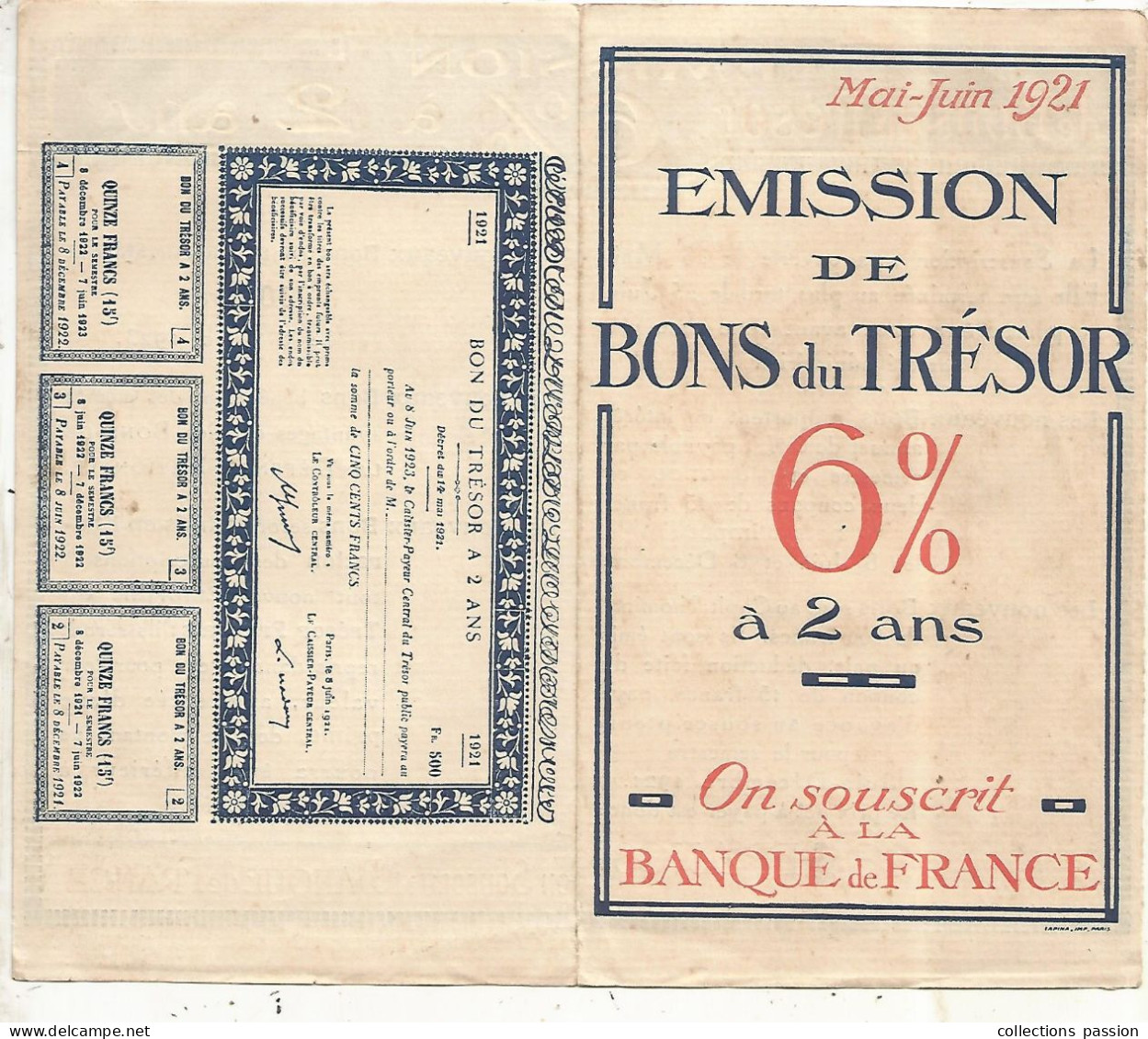 1921, Publicité , Emission De BONS DU TRESOR 6 % à 2 Ans, Banque De France, 4 Pages,  Frais Fr 1.75 E - Other & Unclassified