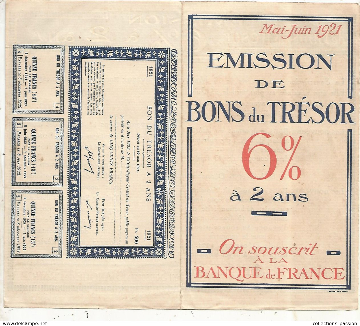 1921, Publicité , Emission De BONS DU TRESOR 6 % à 2 Ans, Banque De France, 4 Pages,  Frais Fr 1.75 E - Autres & Non Classés
