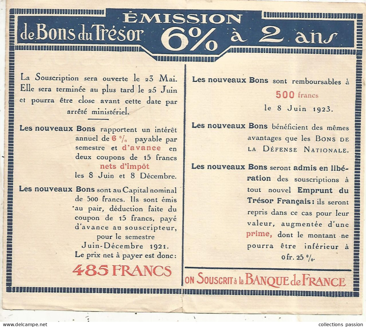 1921, Publicité , Emission De BONS DU TRESOR 6 % à 2 Ans, Banque De France, 4 Pages,  Frais Fr 1.75 E - Autres & Non Classés