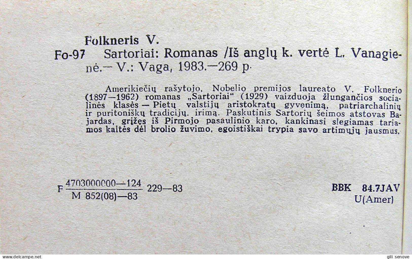 Lithuanian Book / Sartoriai Faulkner 1983 - Romane