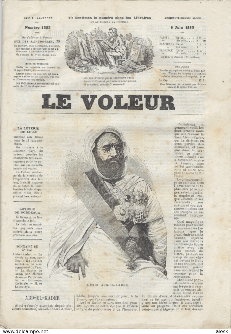 LE VOLEUR N°1353 - 8 Juin 1883 - 1° Page L'Émir Abd-el-Kader Initié Franc-Maçon Le 18 Juin 1864 - Voir Décoration - 1850 - 1899