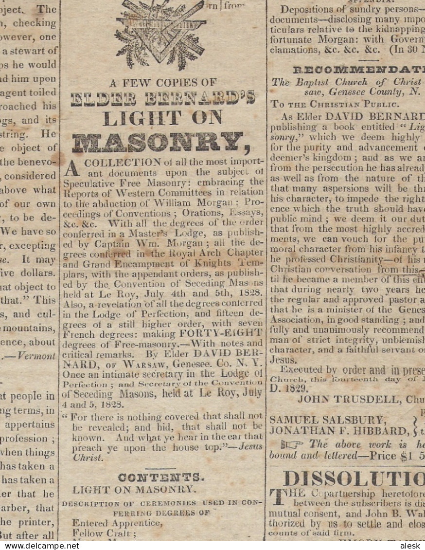 PAWTUCKET HERALD And INDEPENDENT INQUIRER N°6 28 Octobre 1829 - 2 Articles Maçonnique @ Antimaçonnique - Sonstige & Ohne Zuordnung