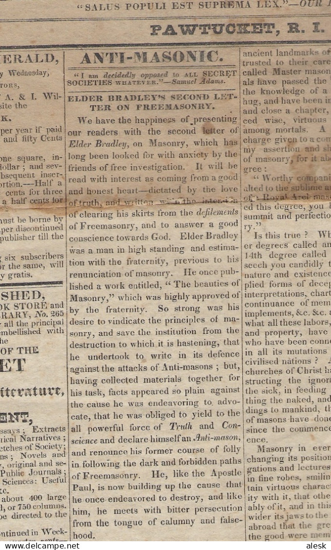 PAWTUCKET HERALD And INDEPENDENT INQUIRER N°6 28 Octobre 1829 - 2 Articles Maçonnique @ Antimaçonnique - Andere & Zonder Classificatie