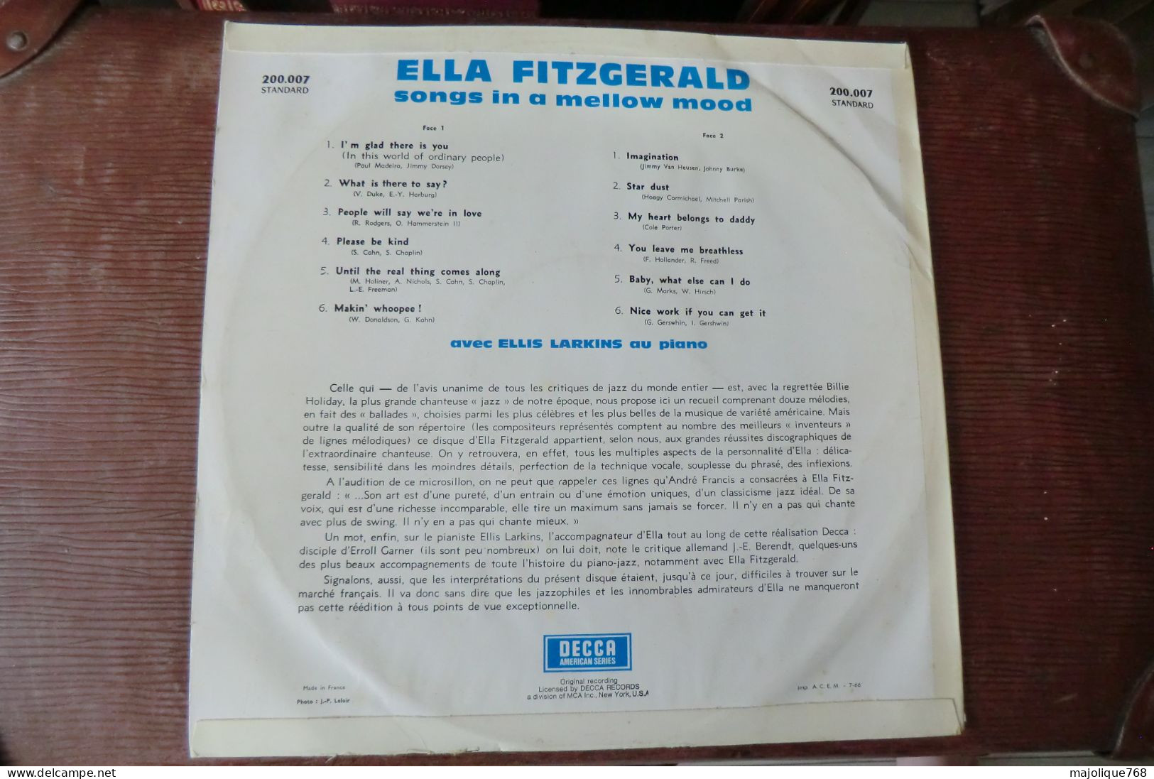 : Disque 33T - Ella Fitzgerald With Ellis Larkins  - Ella Songs In A Mellowmood - DECCA - 200.007 S - France 1966 - - Jazz