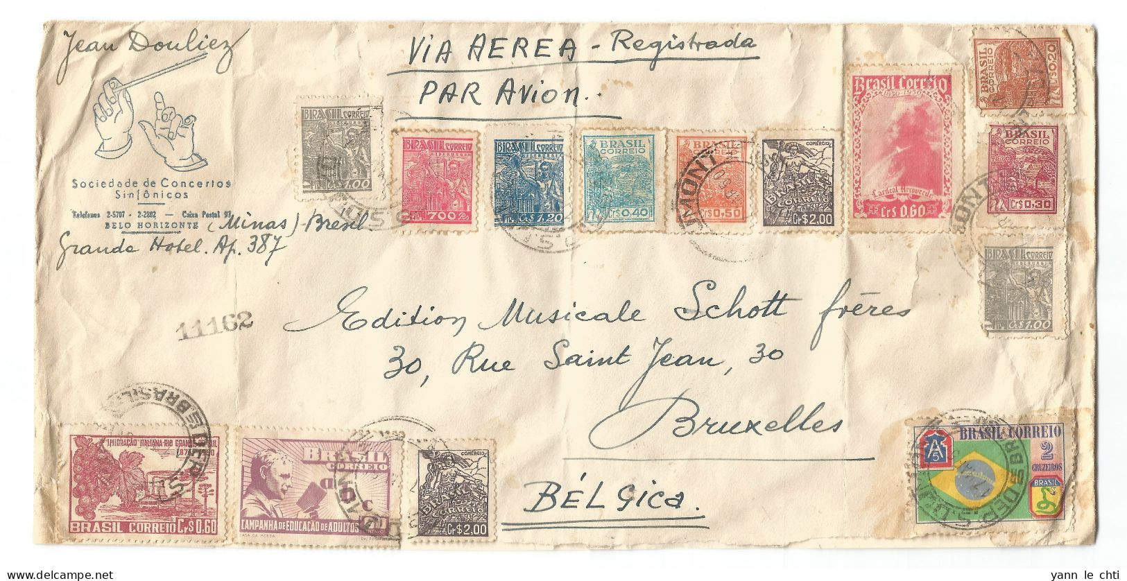 Via Aerea Registrada 1950 Maestro Douliez Hotel Belo Horizonte Bresil Brasil N. Edition Musicale Schott Brussel Belgique - Storia Postale