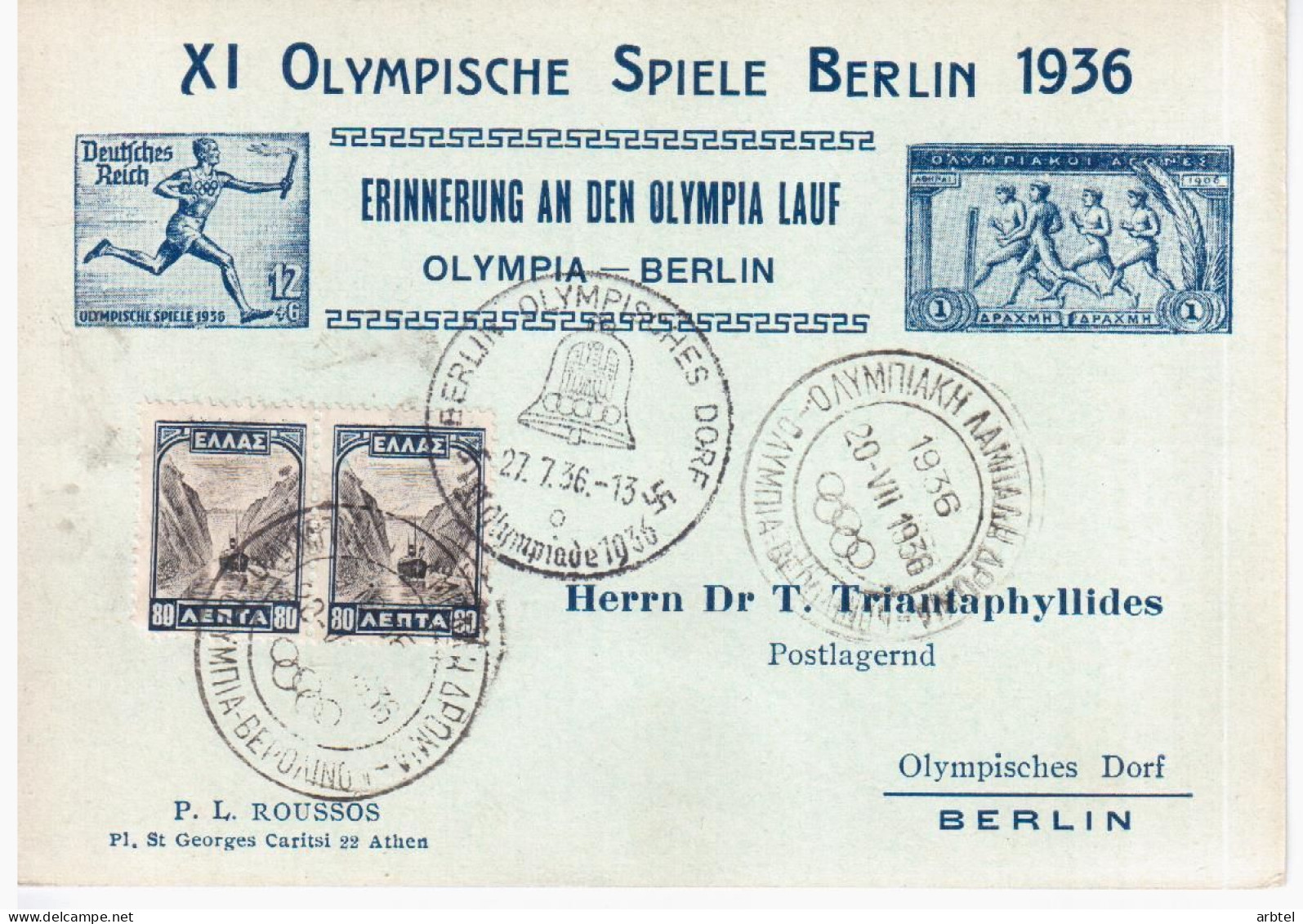 GRECIA TARJETA SALIDA ANTORCHA OLIMPICA JUEGOS OLIMPICOS DE BERLIN 1936 MAT LLEGADA ESTADIO - Sommer 1936: Berlin