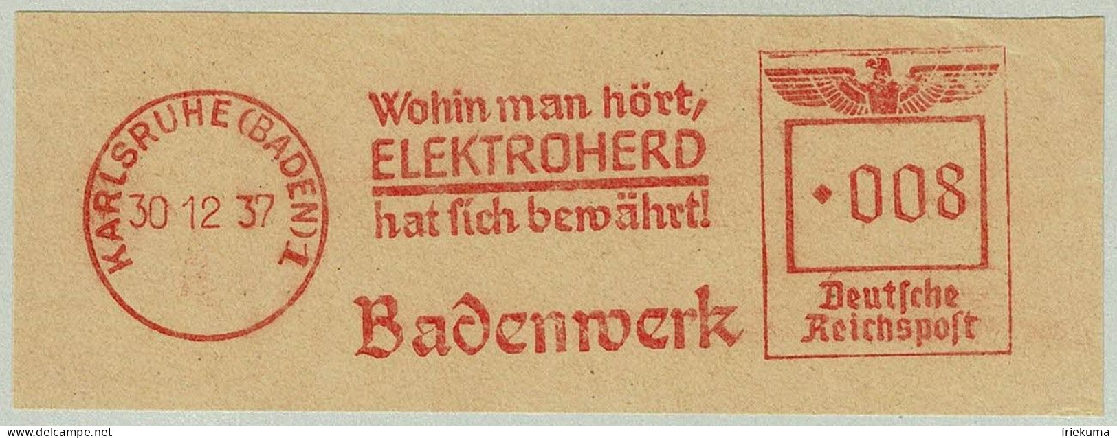 Deutsches Reich 1937, Freistempel / EMA / Meterstamp Badenwerk Karlsruhe, Elektroherd, Kochherd / Cuisinière / Cooker - Usines & Industries