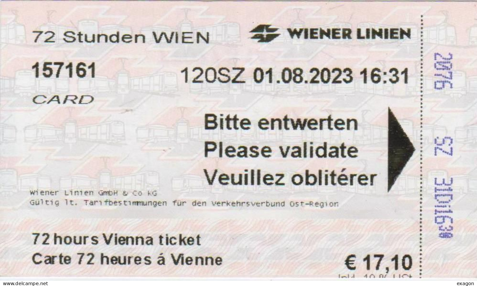 Biglietto  -  Metropolitana AUSTRIA  -  Vienna - Validità  Ore 72  -  Anno  2023. / Stock 107 - Europa