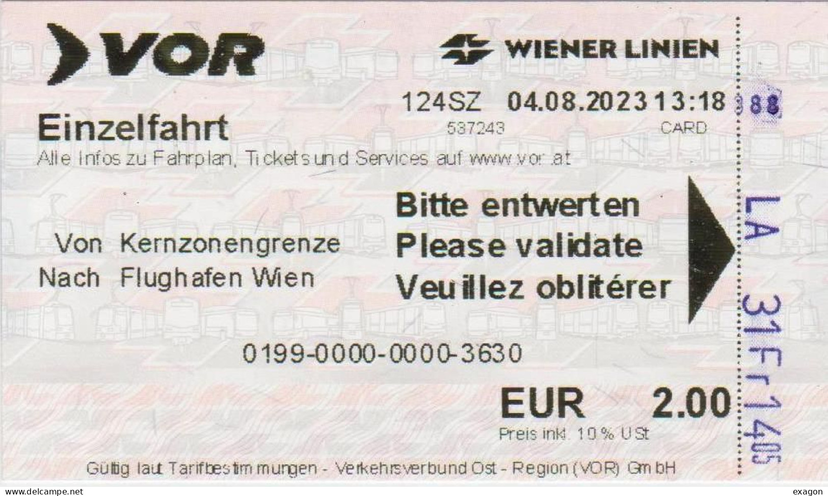 Biglietto  -  Metropolitana AUSTRIA  -  Vienna - Validità  Ore 1  -  Anno  2023. / Stock 107 - Europa
