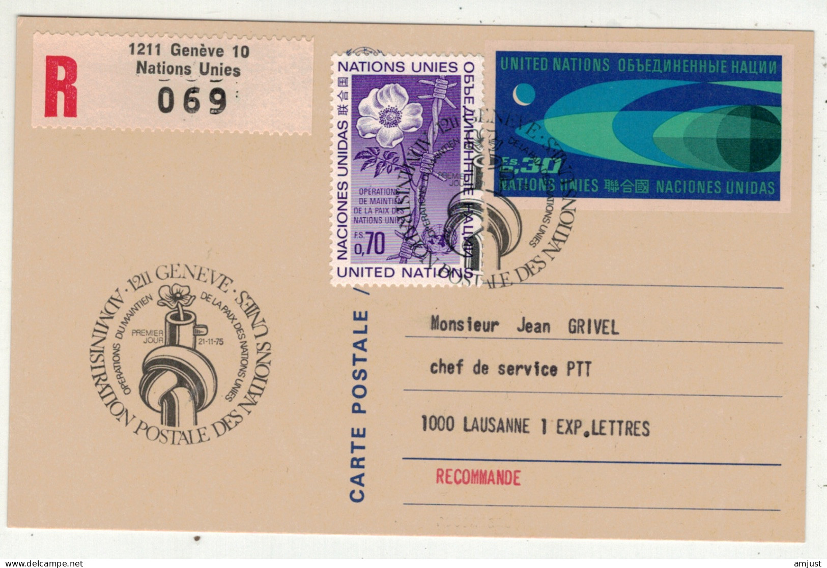 Amérique // Nations Unies // Office De Genève // Entier Postal Recommandé Pour Lausanne - Briefe U. Dokumente