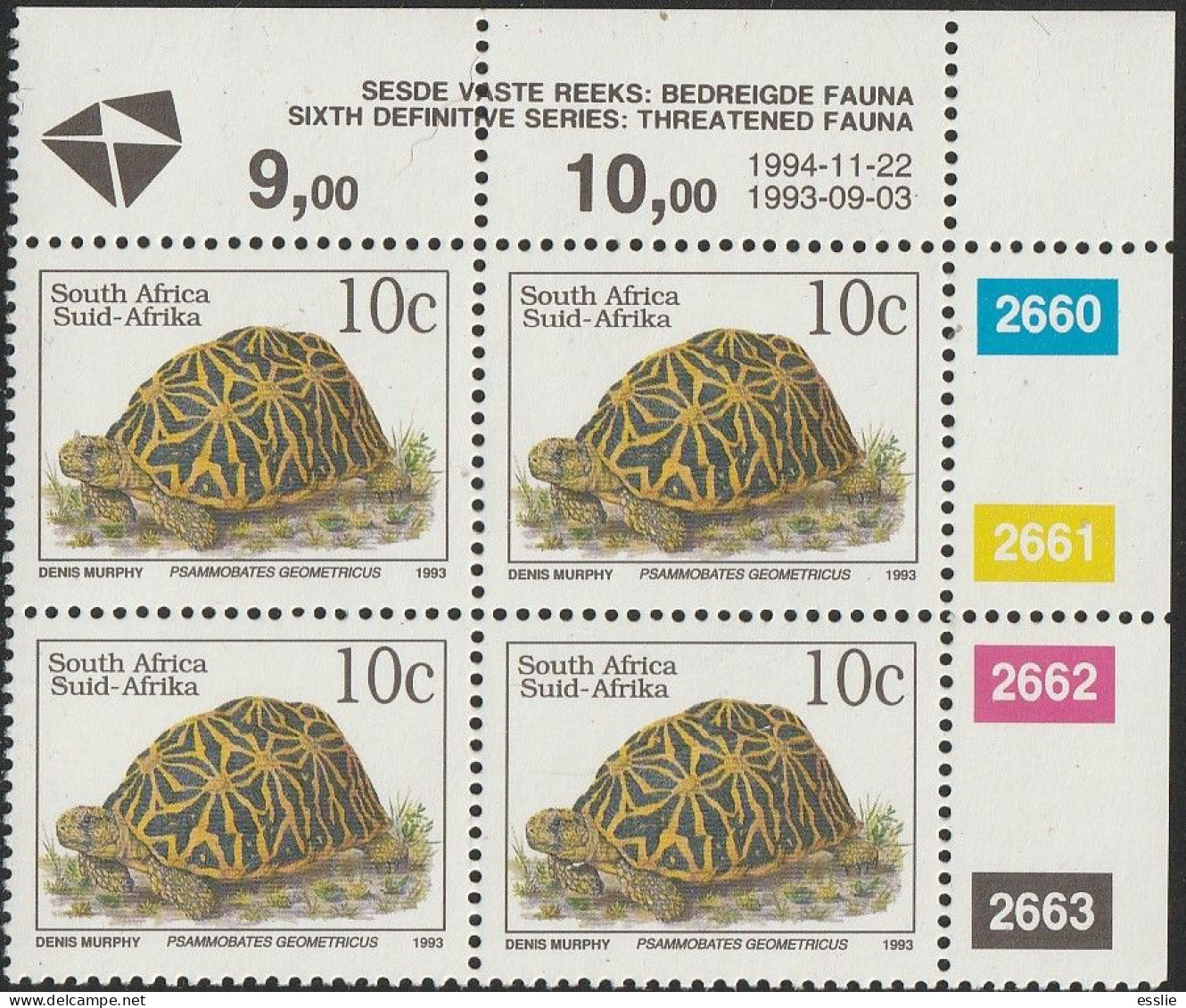 South Africa RSA - 1993 (1994) - Sixth 6th Definitive Endangered Fauna - 10c Geometric Tortoise - Ungebraucht