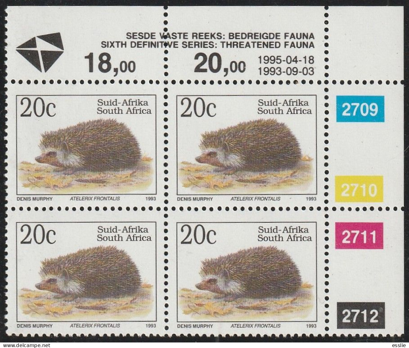 South Africa RSA - 1993 - Sixth 6th Definitive Endangered Fauna - 20c Southern African Hedgehog - Nuevos