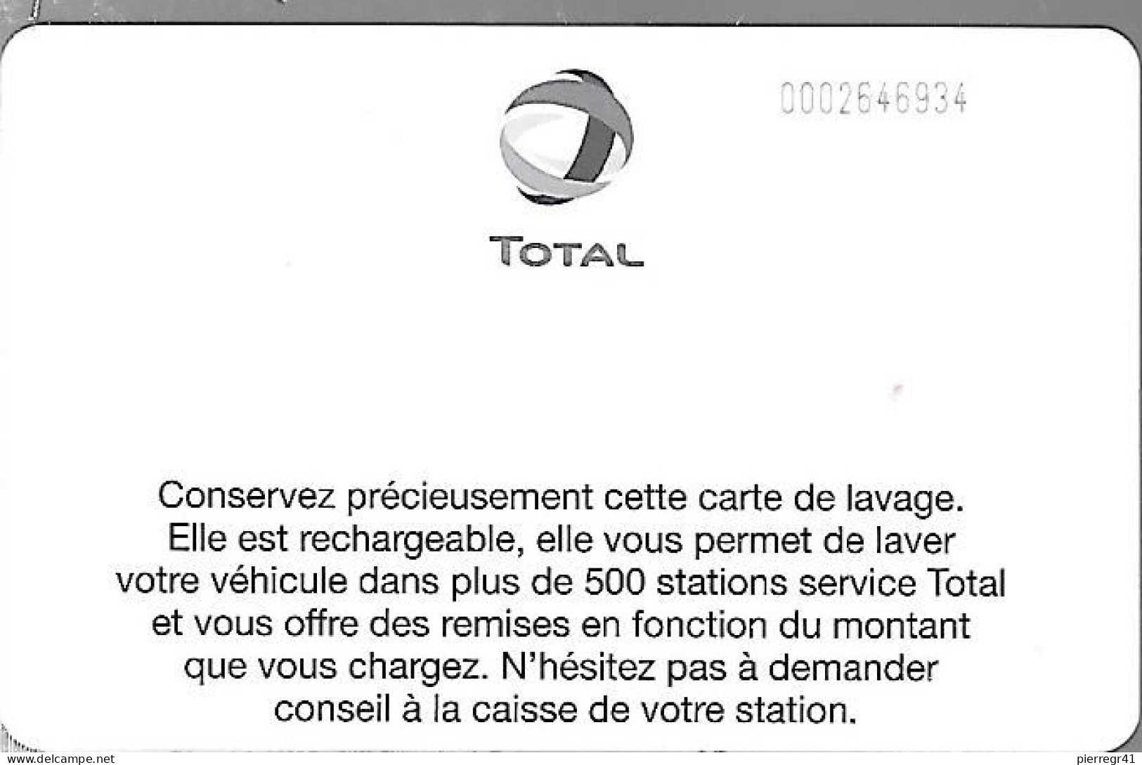 CARTE-PUCE-LAVAGE-RECHARGEABLE-TOTAL-V°N°Gris-Texte 500 Stations-TBE - Car Wash Cards