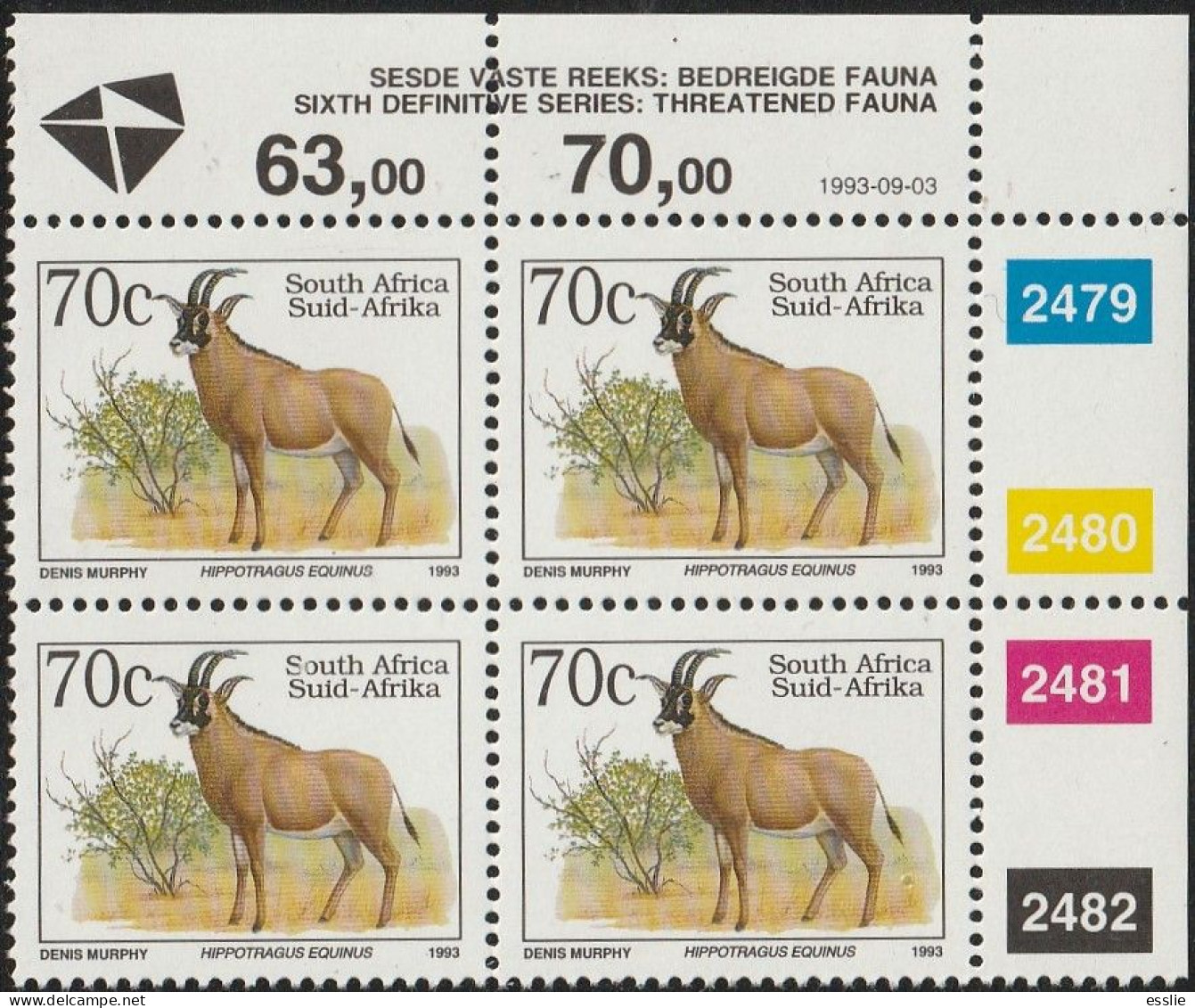 South Africa RSA - 1993 - Sixth 6th Definitive Endangered Fauna - 70c Roan Antelope - Nuevos