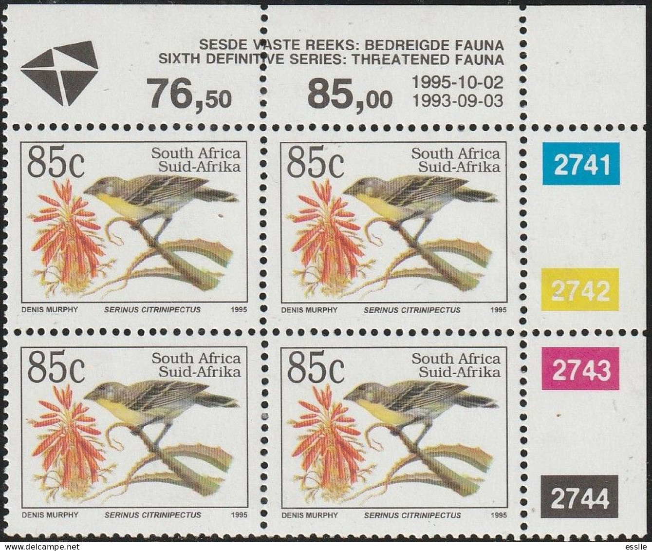 South Africa RSA - 1993 - Sixth 6th Definitive Endangered Fauna - 85c Lemon-breasted Canary - Ungebraucht