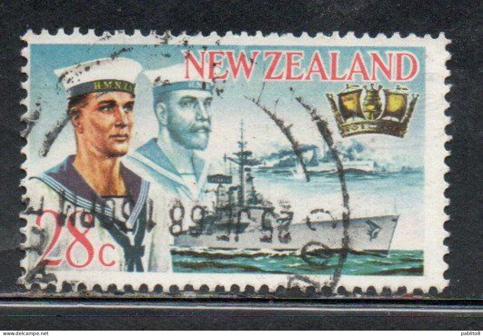 NEW ZEALAND NUOVA ZELANDA 1968 ARMED SERVICES SAILORS OF TWO ERAS INSIGNE AND BATTLESHIPS 28p USED USATO OBLITERE' - Gebraucht