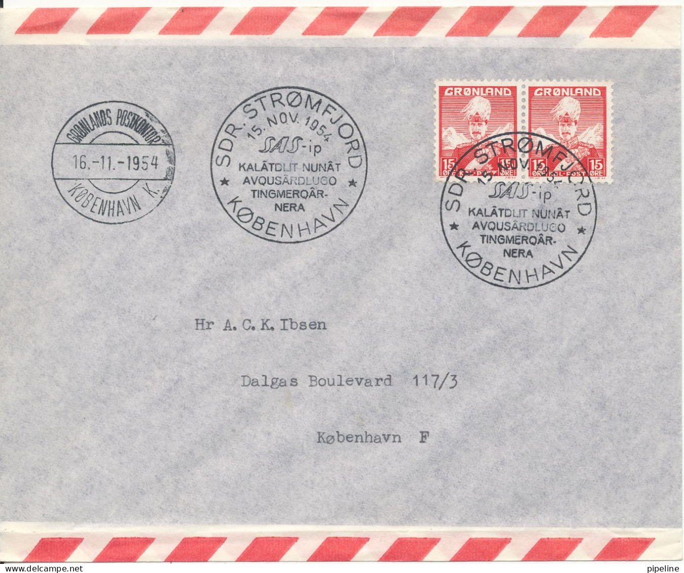 Greenland SAS First Flight Sdr. Strömfjord - Copenhagen 15-11-1954 - Storia Postale